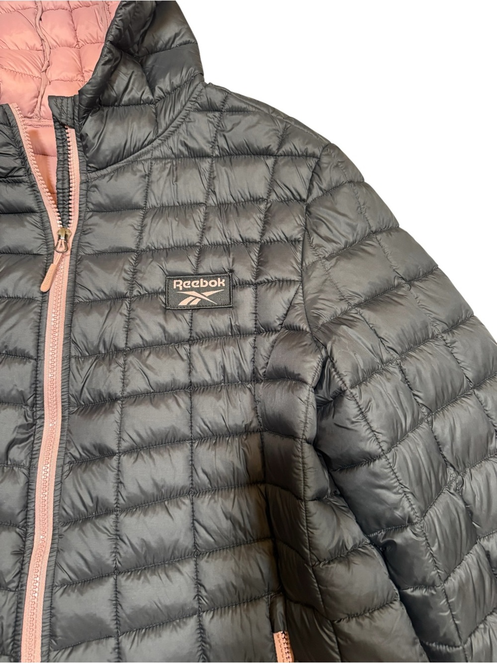 Reebok Lightweight Quilted Hooded Puffer Jacket Charcoal Pink Full Zip XL Coat - Picture 6 of 10